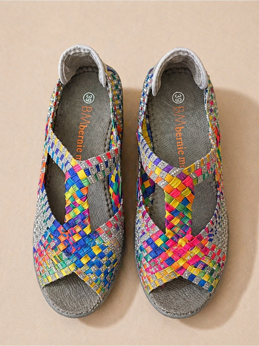 bernie mev. Rainbow Woven Stretch-Strap Sandals Size 39